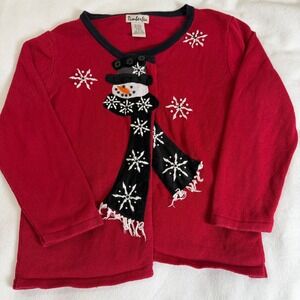 Timberlea Vintage Christmas Snowman Cardigan Sweater XL Red Ramie Cotton Knit